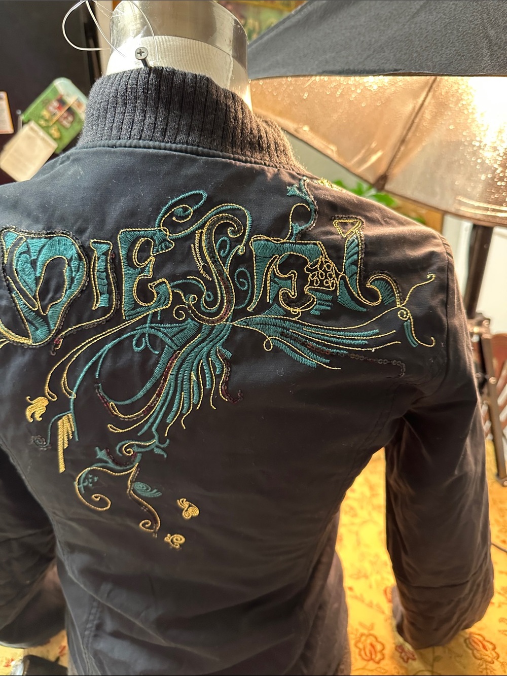 Diesel Black Bomber Jacket with Teal & Gold Embroidery - Picture 8 of 14
